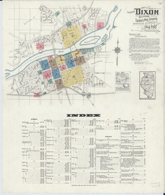 Sanborn Fire Insurance Map from Dixon, Lee County, Illinois (1918), Sheet #0001 - Complete Map Set gallery image, historic Sanborn map, vintage wall art, Illinois Illinois
