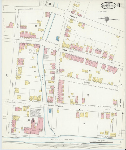 Sanborn Fire Insurance Map from Lambertville, Hunterdon County, New Jersey (1912), Sheet #0008 - Historic Sanborn Fire Insurance Map Print, vintage old map wall art, antique decor, genealogy gift, New Jersey New Jersey map
