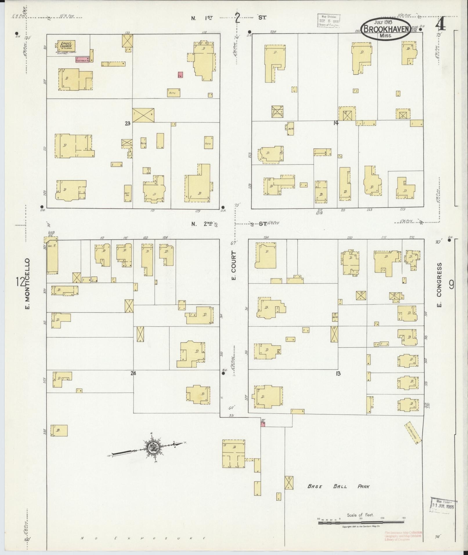 Sanborn Fire Insurance Map from Brookhaven, Lincoln County, Mississippi (1918), Sheet #0004 - Historic Sanborn Fire Insurance Map Print, vintage old map wall art, antique decor, genealogy gift, Mississippi Mississippi map
