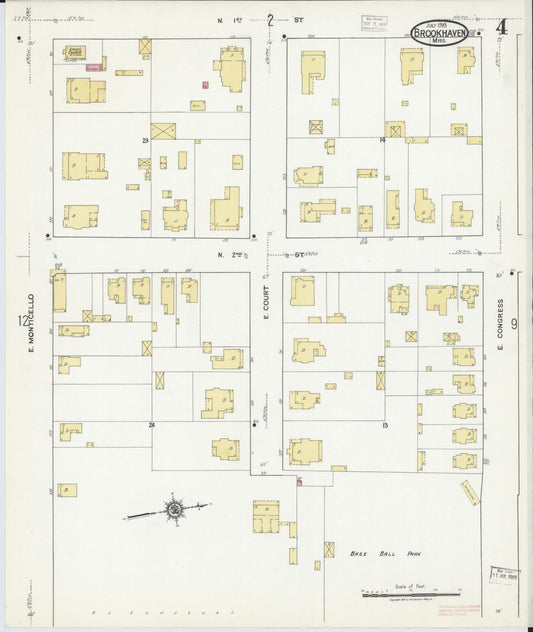 Sanborn Fire Insurance Map from Brookhaven, Lincoln County, Mississippi (1918), Sheet #0004 - Historic Sanborn Fire Insurance Map Print, vintage old map wall art, antique decor, genealogy gift, Mississippi Mississippi map