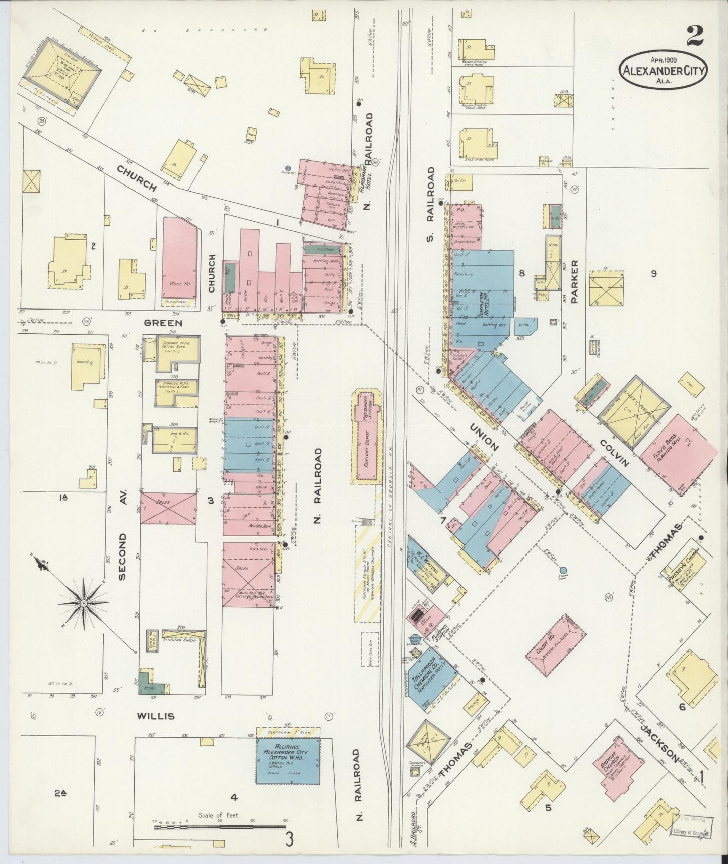 Sanborn Fire Insurance Map from Alexander City, Tallapoosa County, Alabama (1909), Sheet #0002 - Historic Sanborn Fire Insurance Map Print, vintage old map wall art, antique decor, genealogy gift, Alabama Alabama map