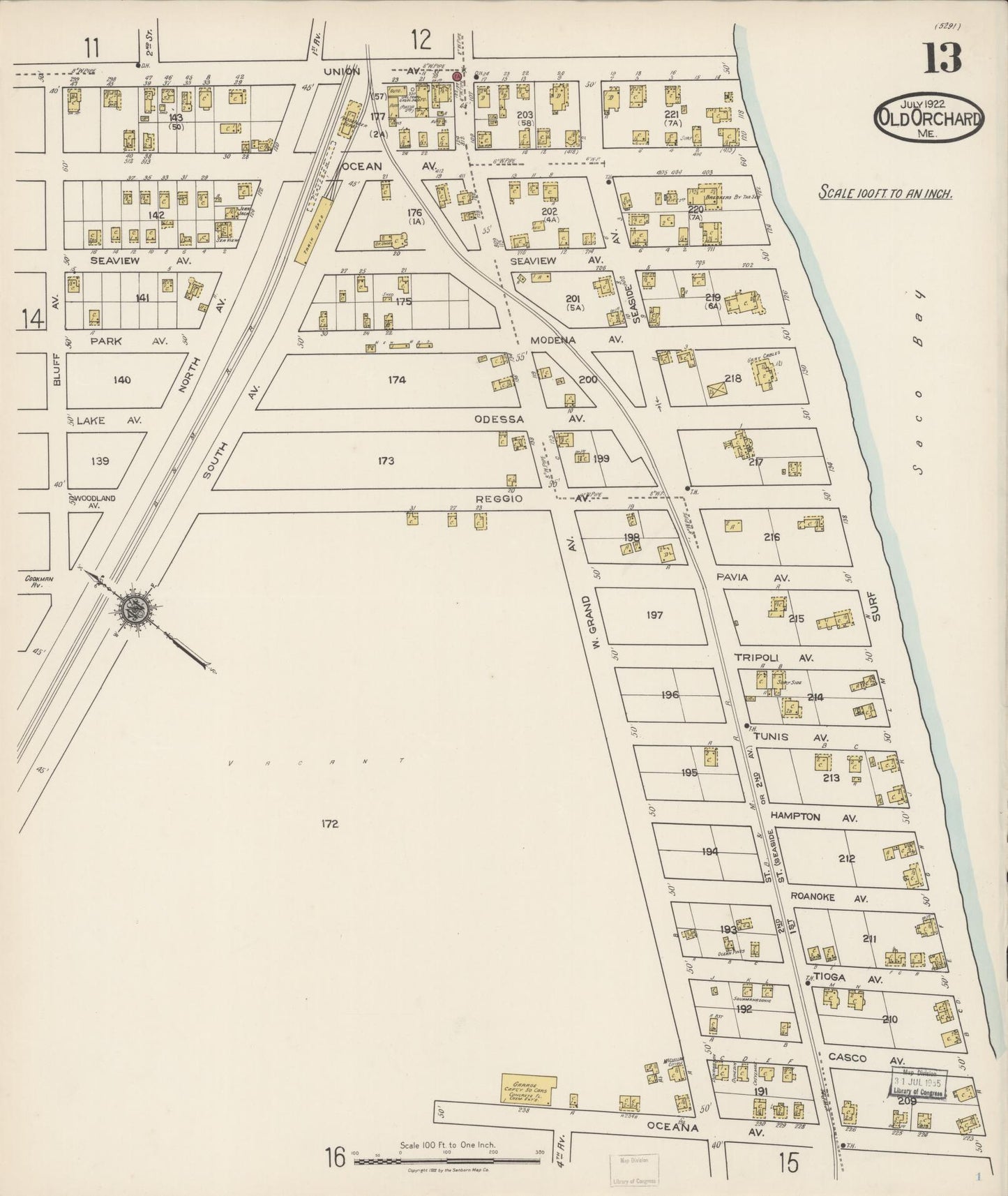 Sanborn Fire Insurance Map from Old Orchard, York County, Maine (1922), Sheet #0013 - Complete Map Set gallery image, historic Sanborn map, vintage wall art, Maine Maine