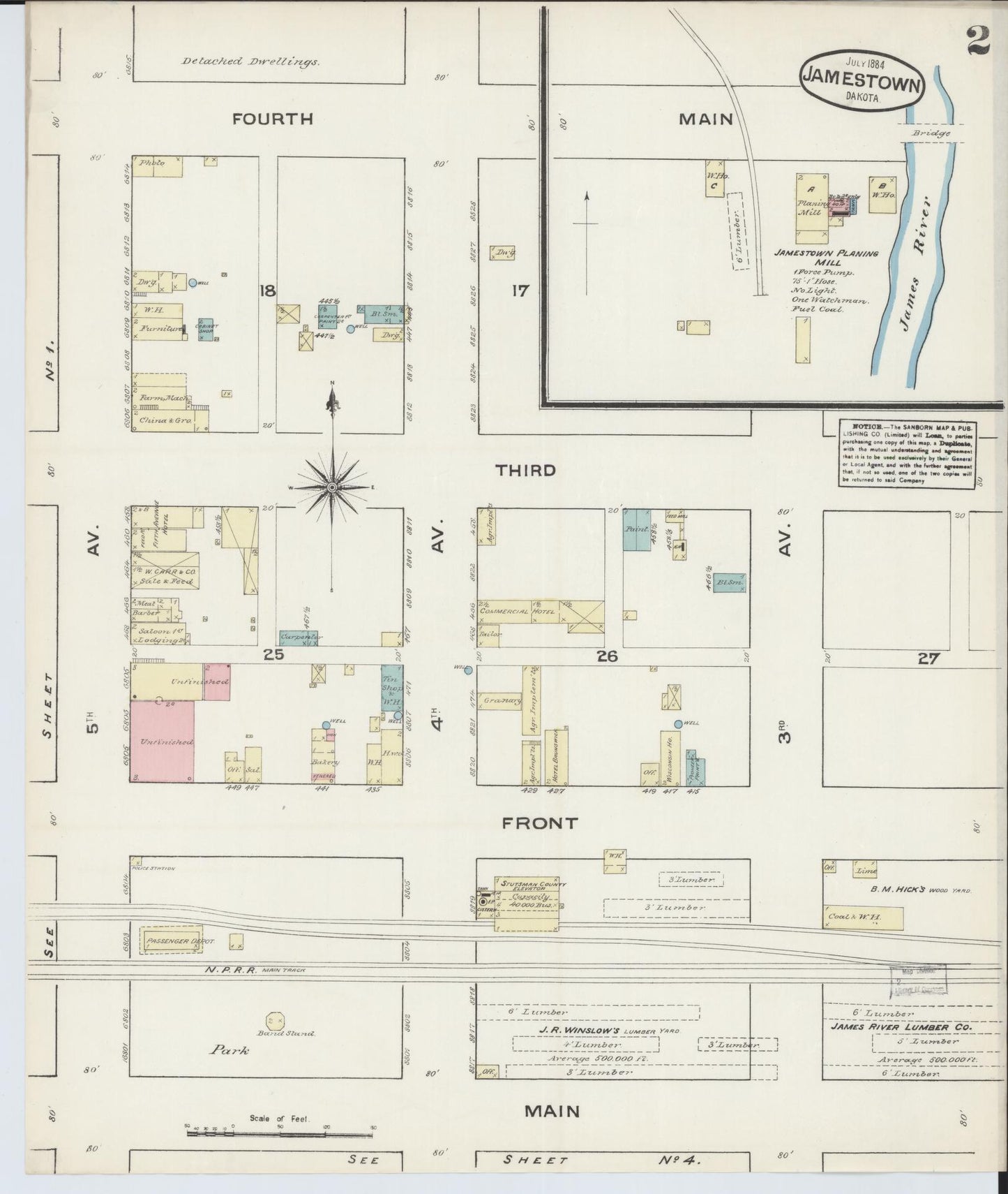 Sanborn Fire Insurance Map from Jamestown, Stutsman County, North Dakota (1884), Sheet #0002 - Historic Sanborn Fire Insurance Map Print, vintage old map wall art, antique decor, genealogy gift, North Dakota North Dakota map