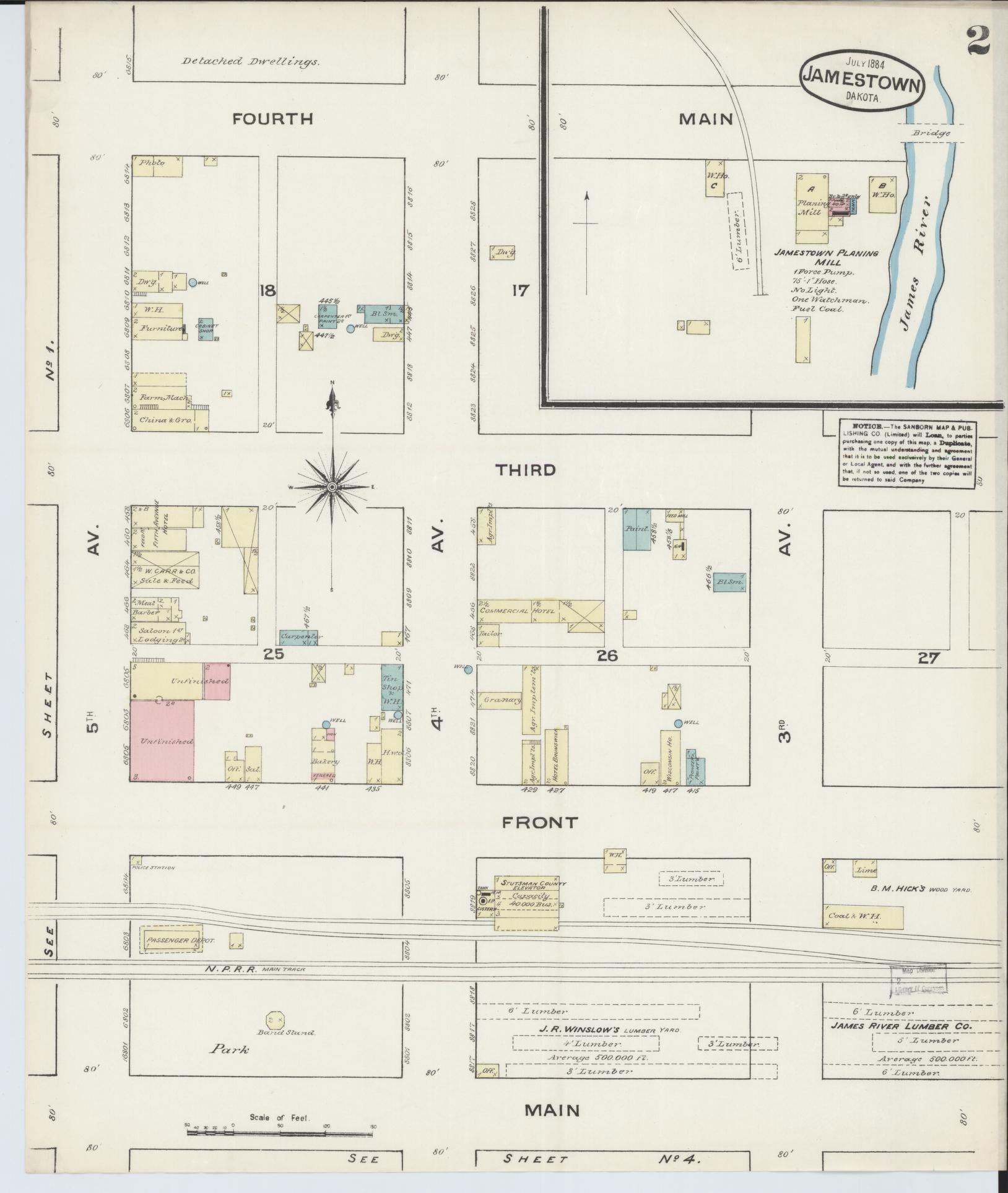 Sanborn Fire Insurance Map from Jamestown, Stutsman County, North Dakota (1884), Sheet #0002 - Historic Sanborn Fire Insurance Map Print, vintage old map wall art, antique decor, genealogy gift, North Dakota North Dakota map