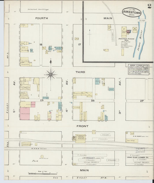 Sanborn Fire Insurance Map from Jamestown, Stutsman County, North Dakota (1884), Sheet #0002 - Historic Sanborn Fire Insurance Map Print, vintage old map wall art, antique decor, genealogy gift, North Dakota North Dakota map
