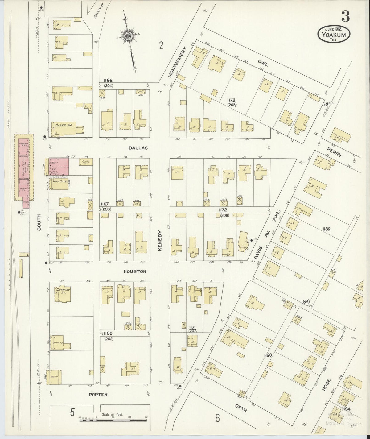 Sanborn Fire Insurance Map from Yoakum, De Witt And Lavaca Counties, Texas (1912), Sheet #0003 - Complete Map Set gallery image, historic Sanborn map, vintage wall art, Texas Texas