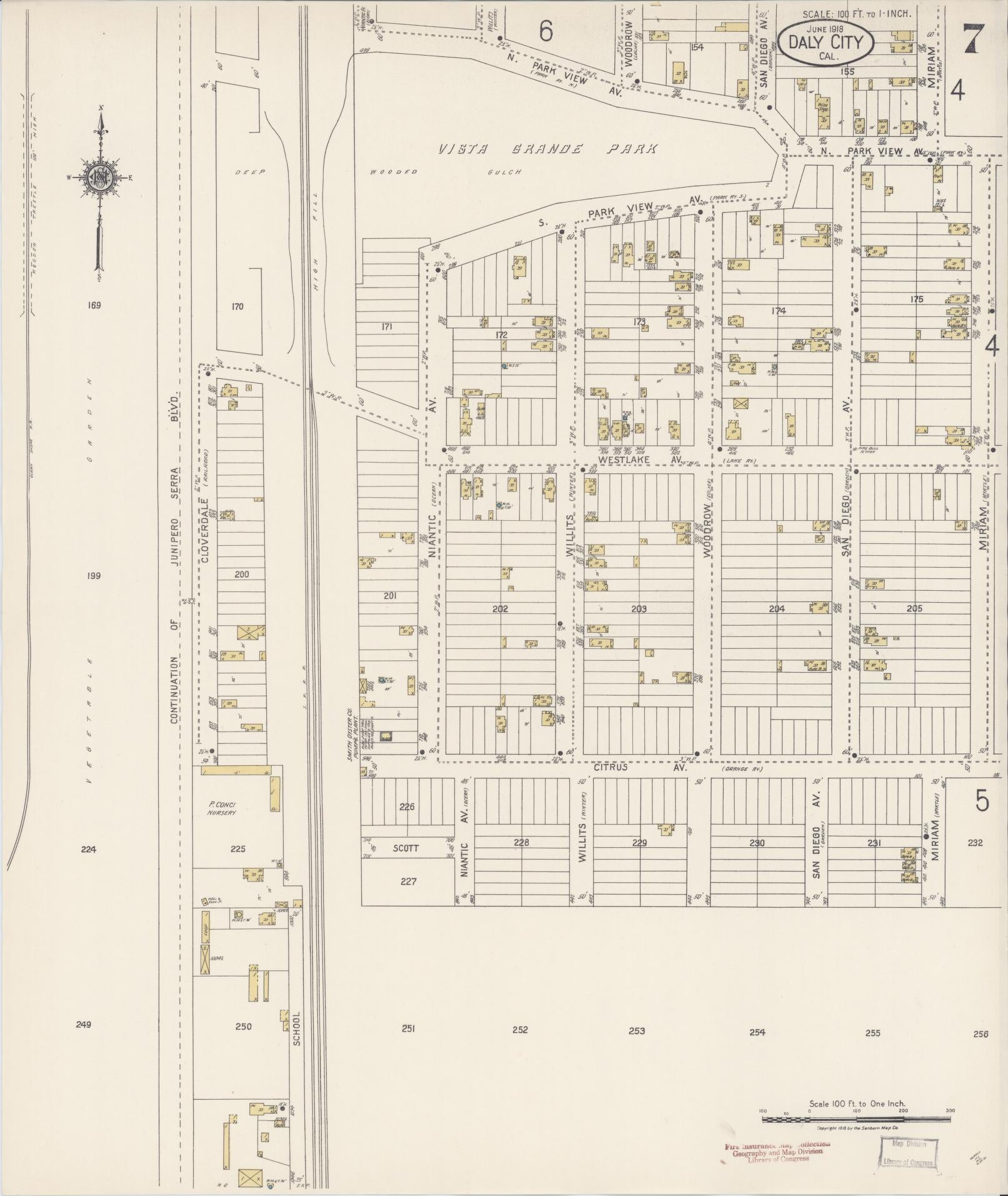 Sanborn Fire Insurance Map from Daly City, San Mateo County, California (1918), Sheet #0007 - Complete Map Set gallery image, historic Sanborn map, vintage wall art, California California