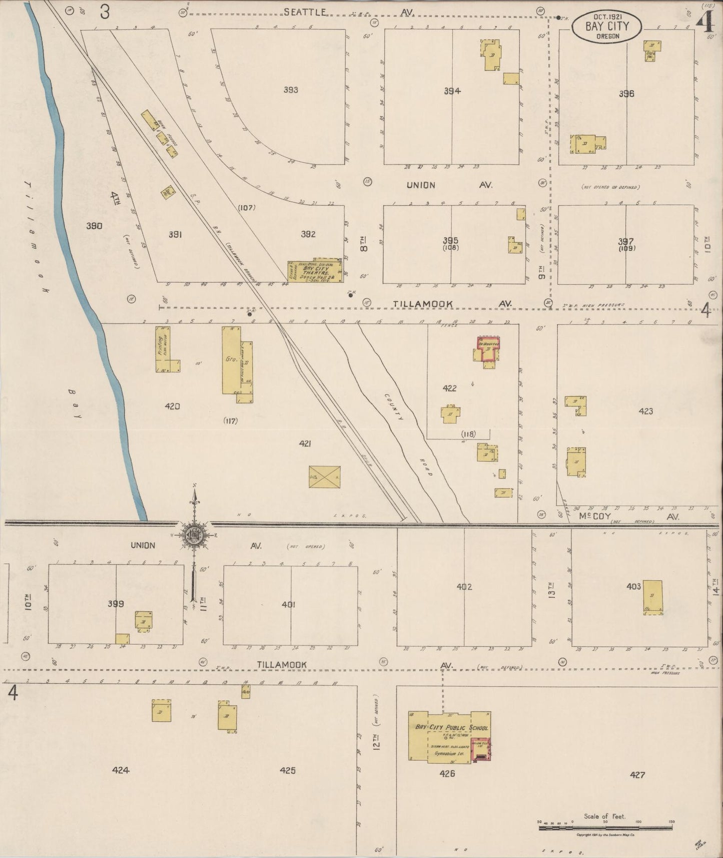 Sanborn Fire Insurance Map from Bay City, Tillamook County, Oregon (1921), Sheet #0004 - Complete Map Set gallery image, historic Sanborn map, vintage wall art, Oregon Oregon