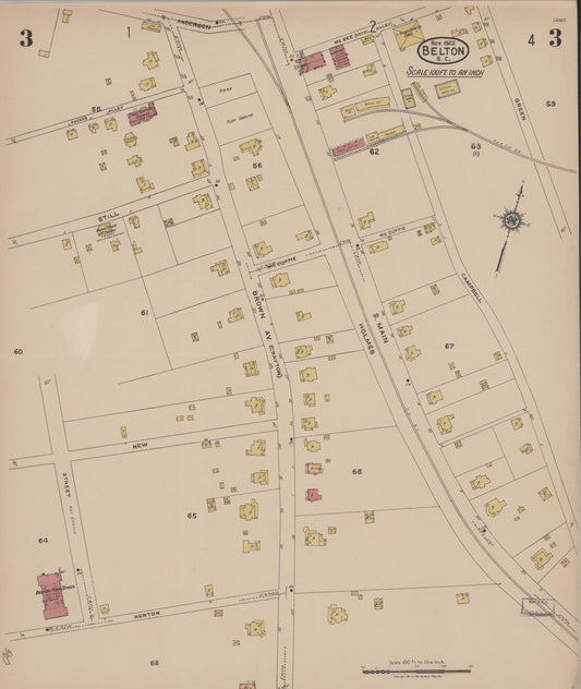 Sanborn Fire Insurance Map from Belton, Anderson County, South Carolina (1922), Sheet #0003 - Historic Sanborn Fire Insurance Map Print, vintage old map wall art, antique decor, genealogy gift, South Carolina South Carolina map
