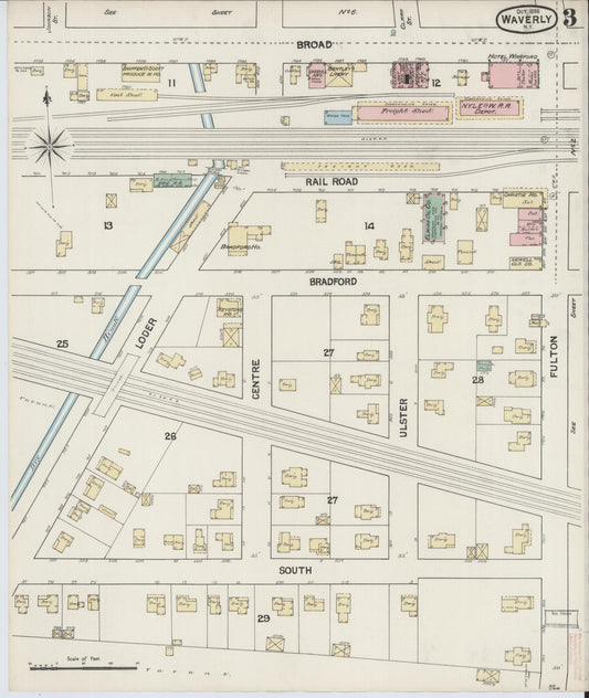 Sanborn Fire Insurance Map from Waverly, Tioga County, New York (1888), Sheet #0003 - Historic Sanborn Fire Insurance Map Print, vintage old map wall art, antique decor, genealogy gift, New York New York map