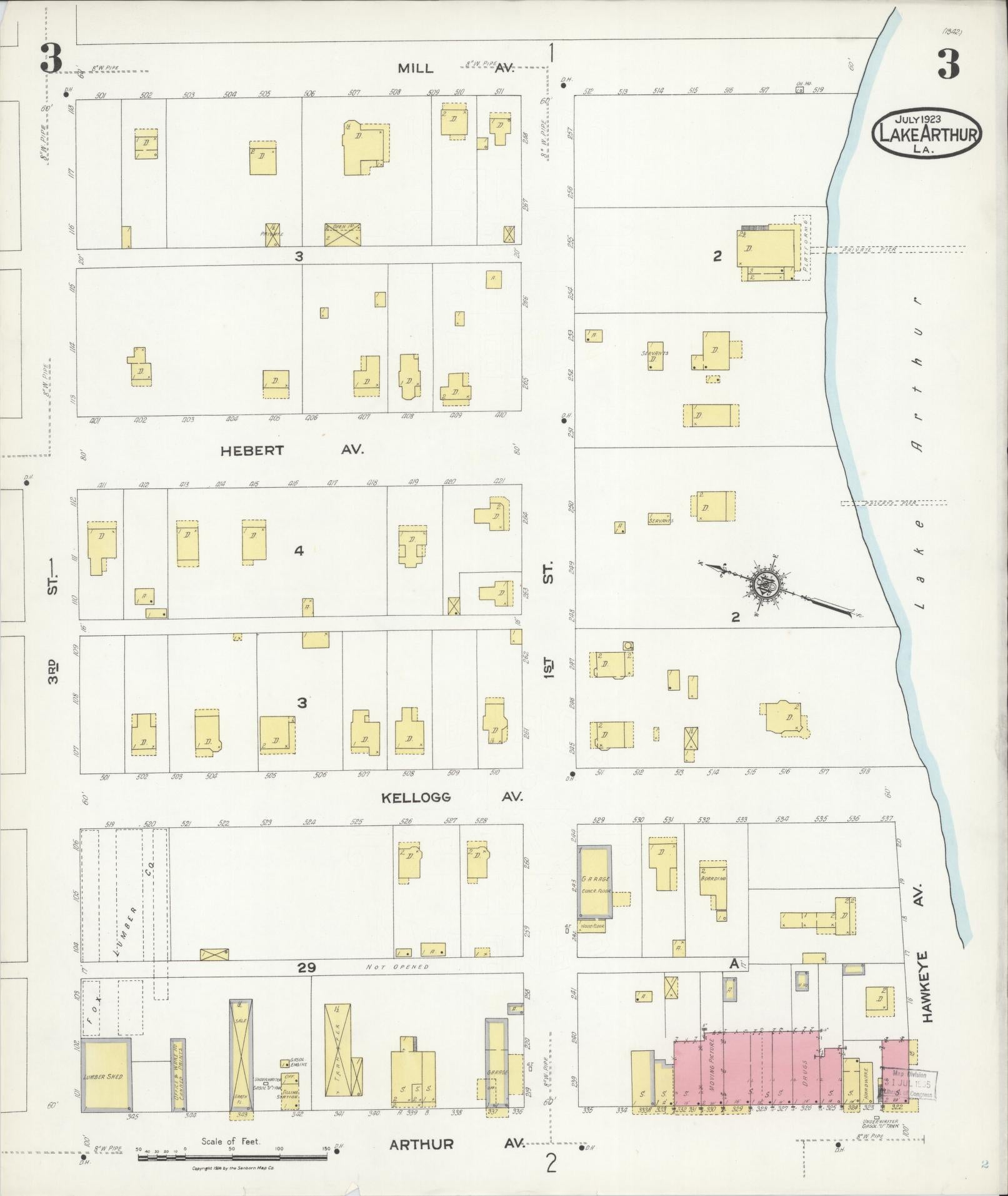 Sanborn Fire Insurance Map from Lake Arthur, Jefferson Davis Parish, Louisiana (1923), Sheet #0003 - Historic Sanborn Fire Insurance Map Print, vintage old map wall art, antique decor, genealogy gift, Louisiana Louisiana map