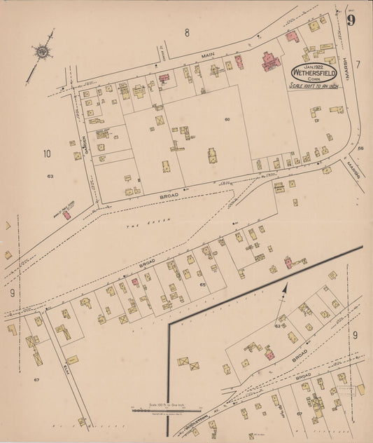 Sanborn Fire Insurance Map from Wethersfield, Hartford County, Connecticut (1922), Sheet #0009 - Historic Sanborn Fire Insurance Map Print, vintage old map wall art, antique decor, genealogy gift, Connecticut Connecticut map