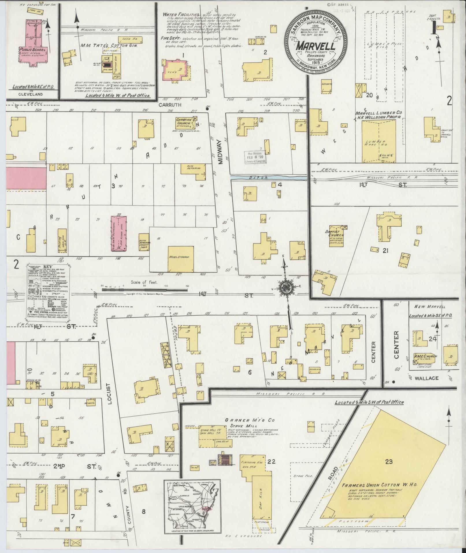 Sanborn Fire Insurance Map from Marvell, Phillips County, Arkansas (1919), Sheet #0001 - Historic Sanborn Fire Insurance Map Print, vintage old map wall art, antique decor, genealogy gift, Arkansas Arkansas map