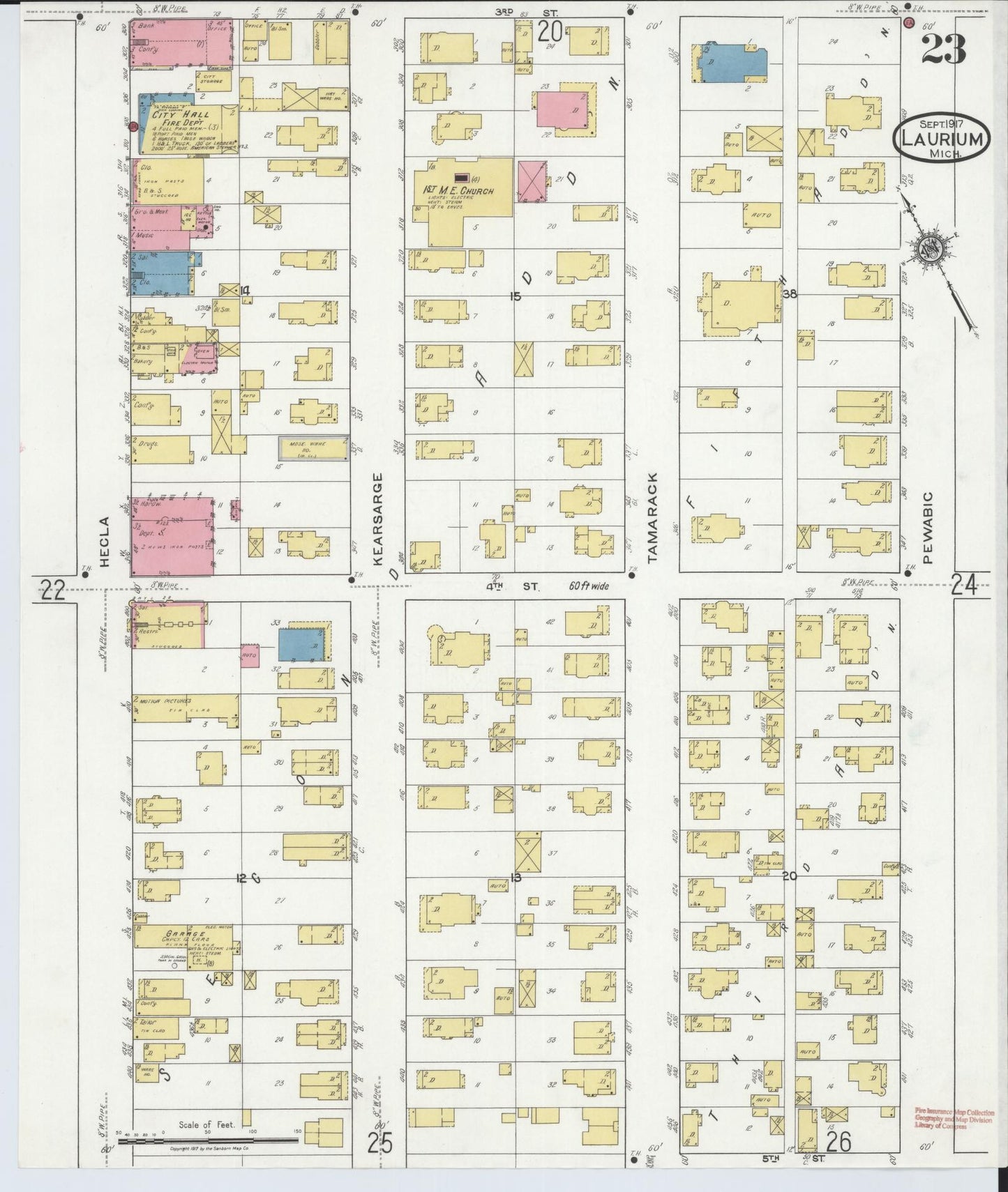 Sanborn Fire Insurance Map from Laurium, Houghton County, Michigan (1917), Sheet #0023 - Complete Map Set gallery image, historic Sanborn map, vintage wall art, Michigan Michigan