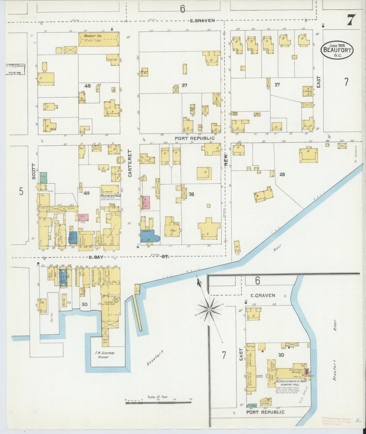Sanborn Fire Insurance Map from Beaufort, Beaufort County, South Carolina (1905), Sheet #0007 - Complete Map Set gallery image, historic Sanborn map, vintage wall art, South Carolina South Carolina