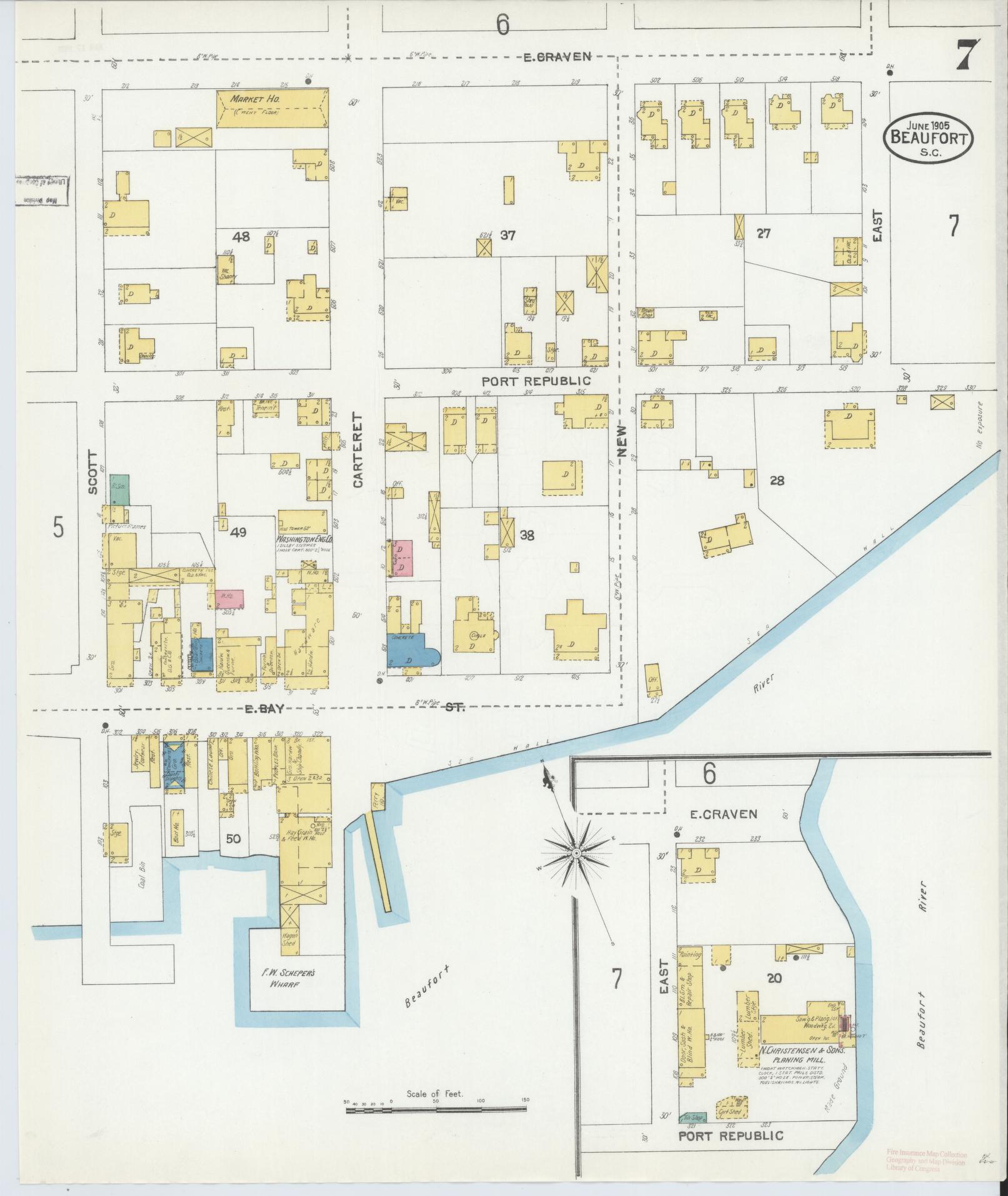 Sanborn Fire Insurance Map from Beaufort, Beaufort County, South Carolina (1905), Sheet #0007 - Complete Map Set gallery image, historic Sanborn map, vintage wall art, South Carolina South Carolina