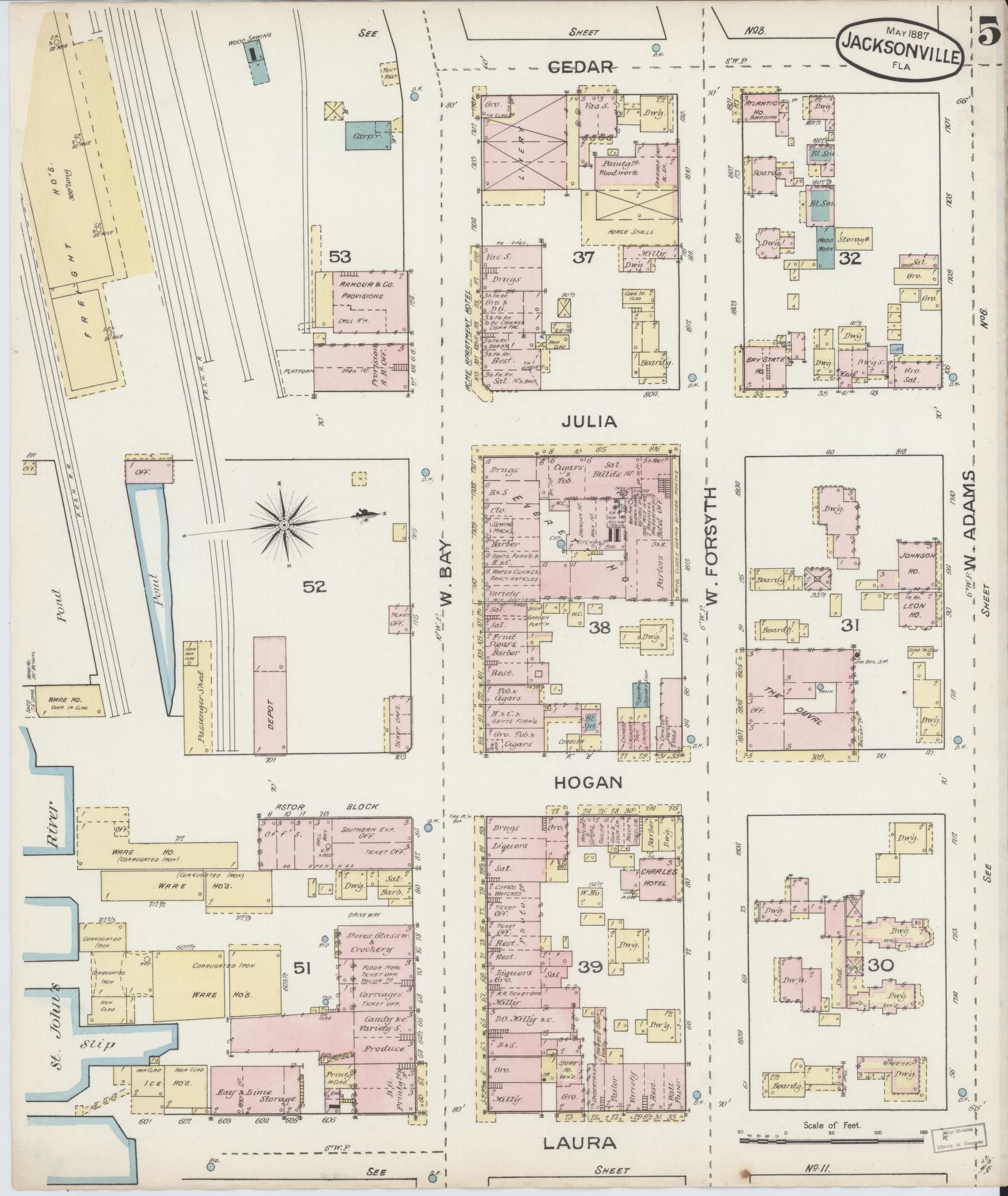 Sanborn Fire Insurance Map from Jacksonville, Duval County, Florida. (1887), Sheet 5 – Historic Sanborn Fire Insurance Map Print