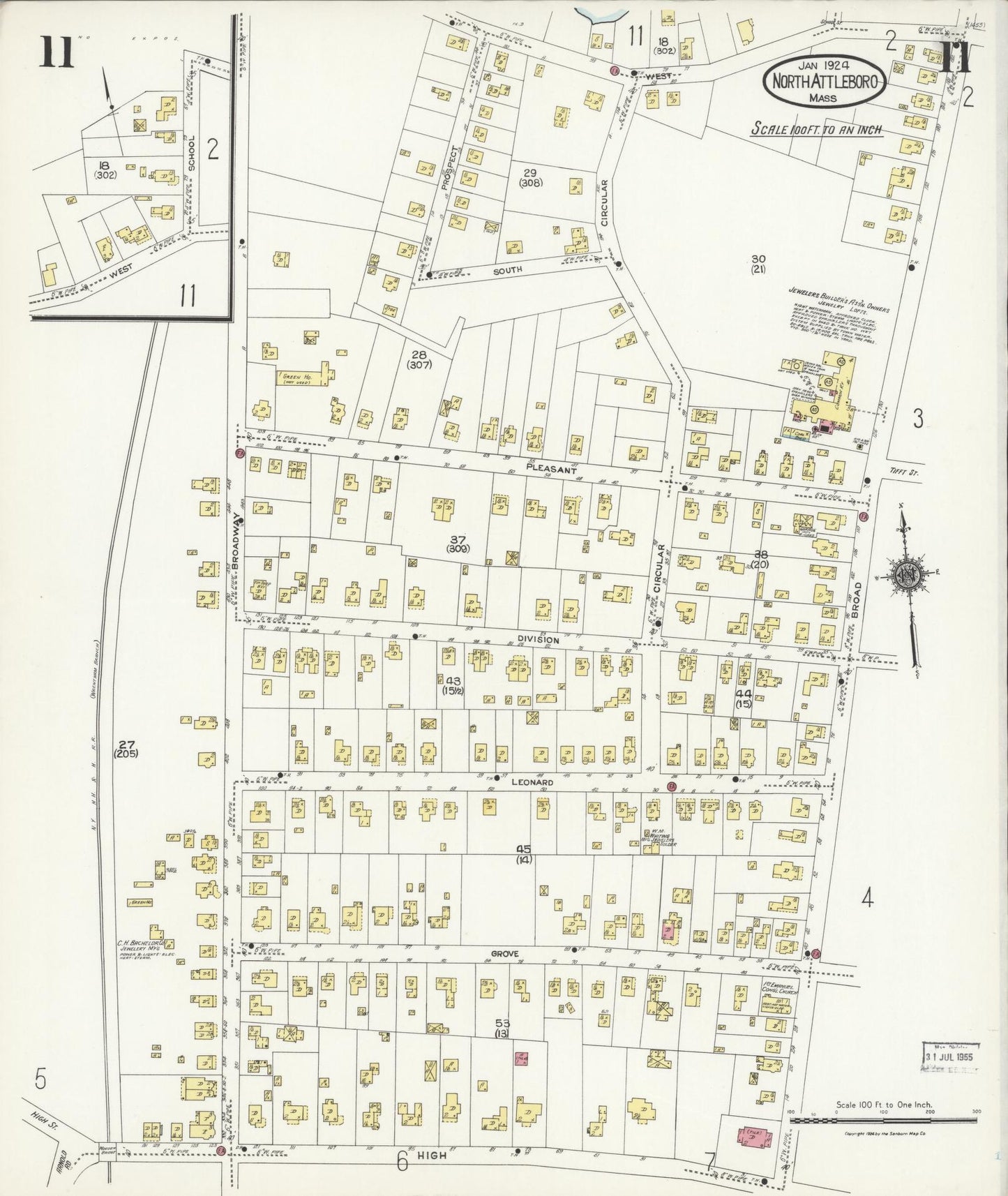 Sanborn Fire Insurance Map from North Attleborough, Bristol County, Massachusetts (1924), Sheet #0011 - Historic Sanborn Fire Insurance Map Print, vintage old map wall art, antique decor, genealogy gift, Massachusetts Massachusetts map