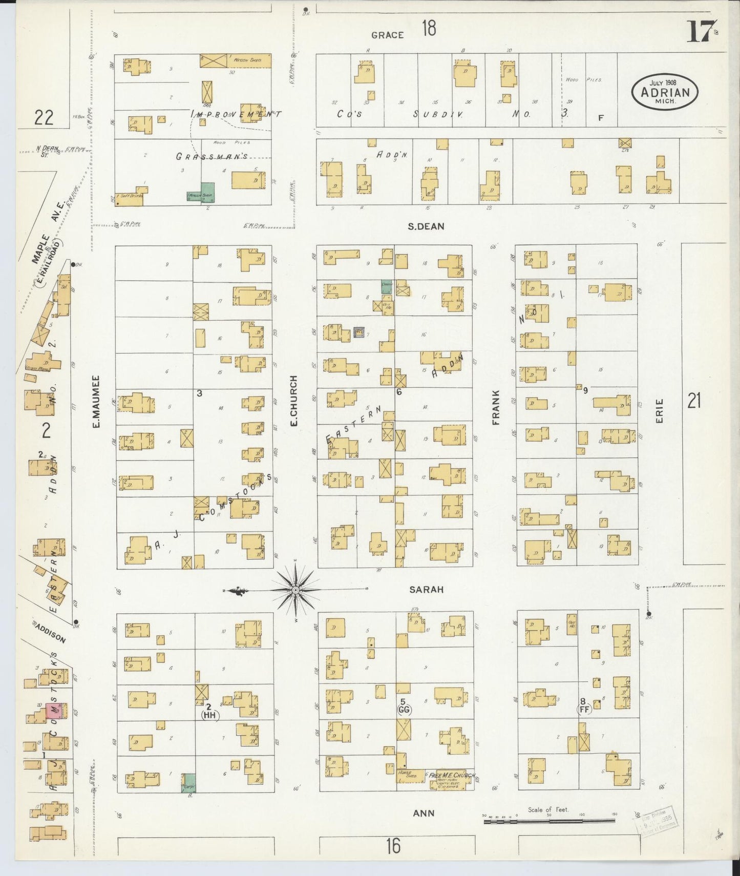 Sanborn Fire Insurance Map from Adrian, Lenawee County, Michigan (1908), Sheet #0017 - Complete Map Set gallery image, historic Sanborn map, vintage wall art, Michigan Michigan