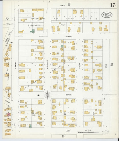 Sanborn Fire Insurance Map from Adrian, Lenawee County, Michigan (1908), Sheet #0017 - Complete Map Set gallery image, historic Sanborn map, vintage wall art, Michigan Michigan