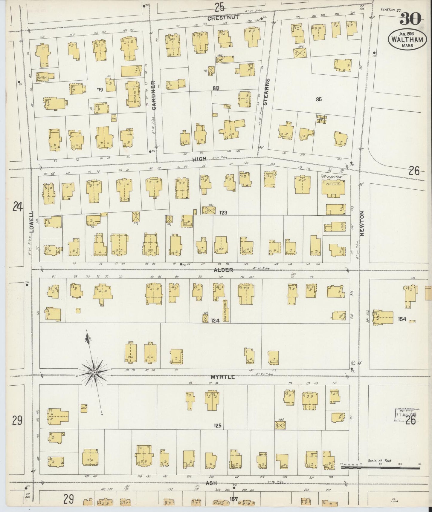 Sanborn Fire Insurance Map from Waltham, Middlesex County, Massachusetts (1903), Sheet #0030 - Complete Map Set gallery image, historic Sanborn map, vintage wall art, Massachusetts Massachusetts