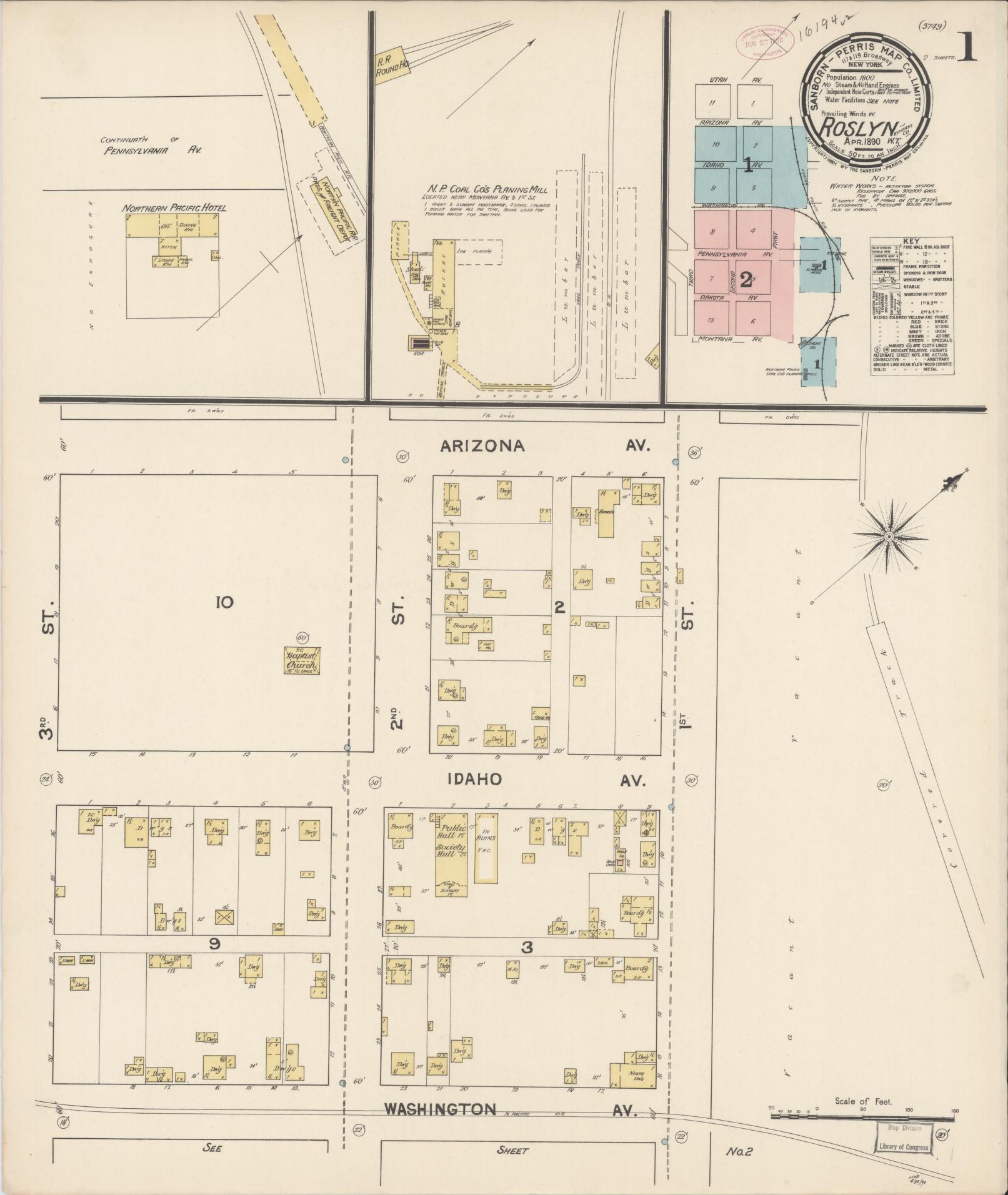 Sanborn Fire Insurance Map from Roslyn, Kittitas County, Washington (1890), Sheet #0001 - Complete Map Set gallery image, historic Sanborn map, vintage wall art, Washington Washington