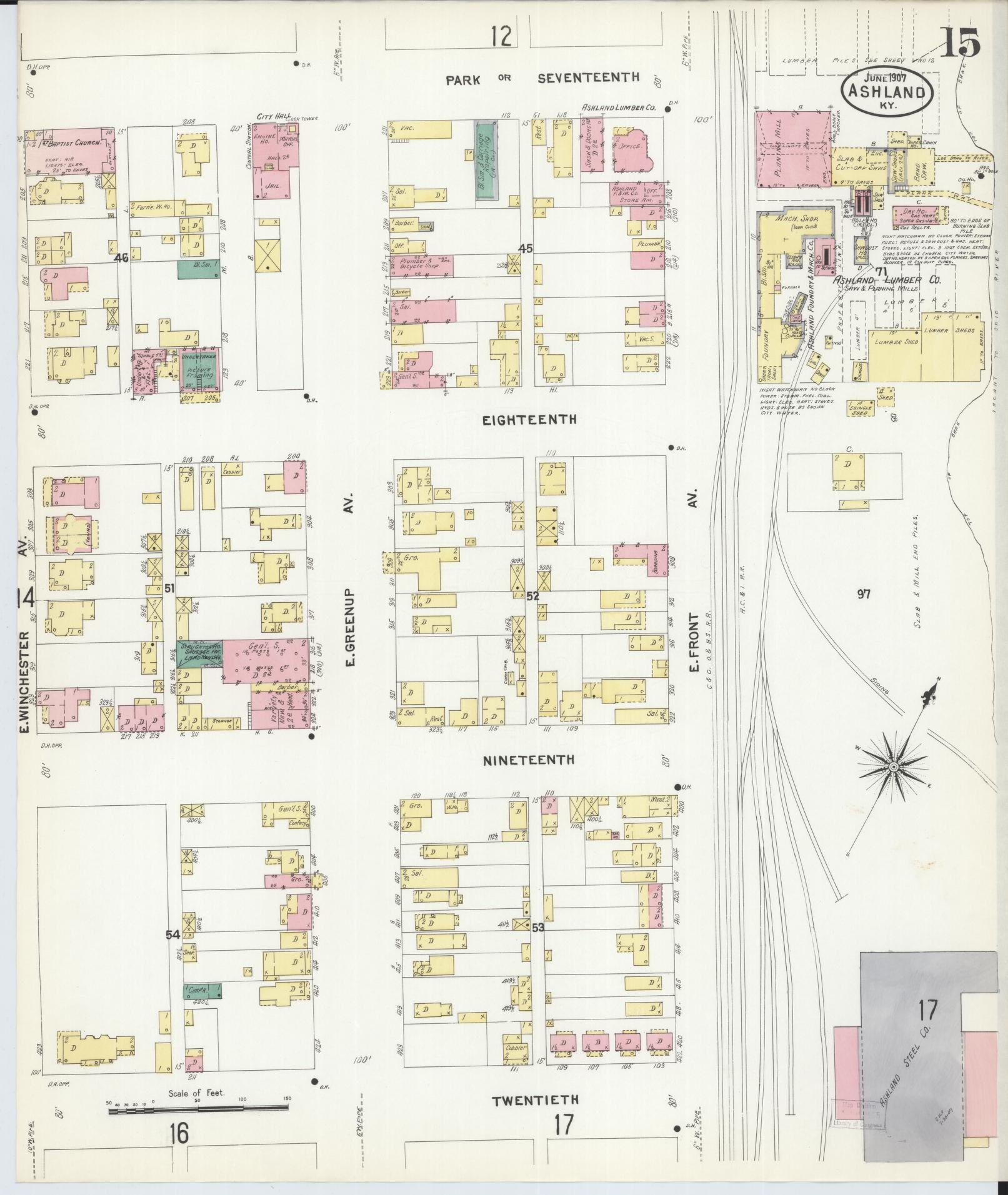 Sanborn Fire Insurance Map from Ashland, Boyd County, Kentucky (1907), Sheet #0015 - Complete Map Set gallery image, historic Sanborn map, vintage wall art, Kentucky Kentucky