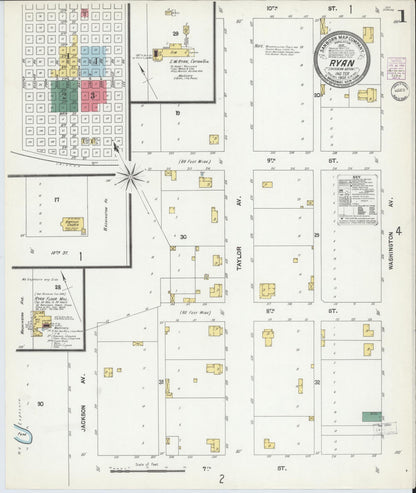 Sanborn Fire Insurance Map from Ryan, Jefferson County, Oklahoma (1902), Sheet #0001 - Complete Map Set gallery image, historic Sanborn map, vintage wall art, Oklahoma Oklahoma