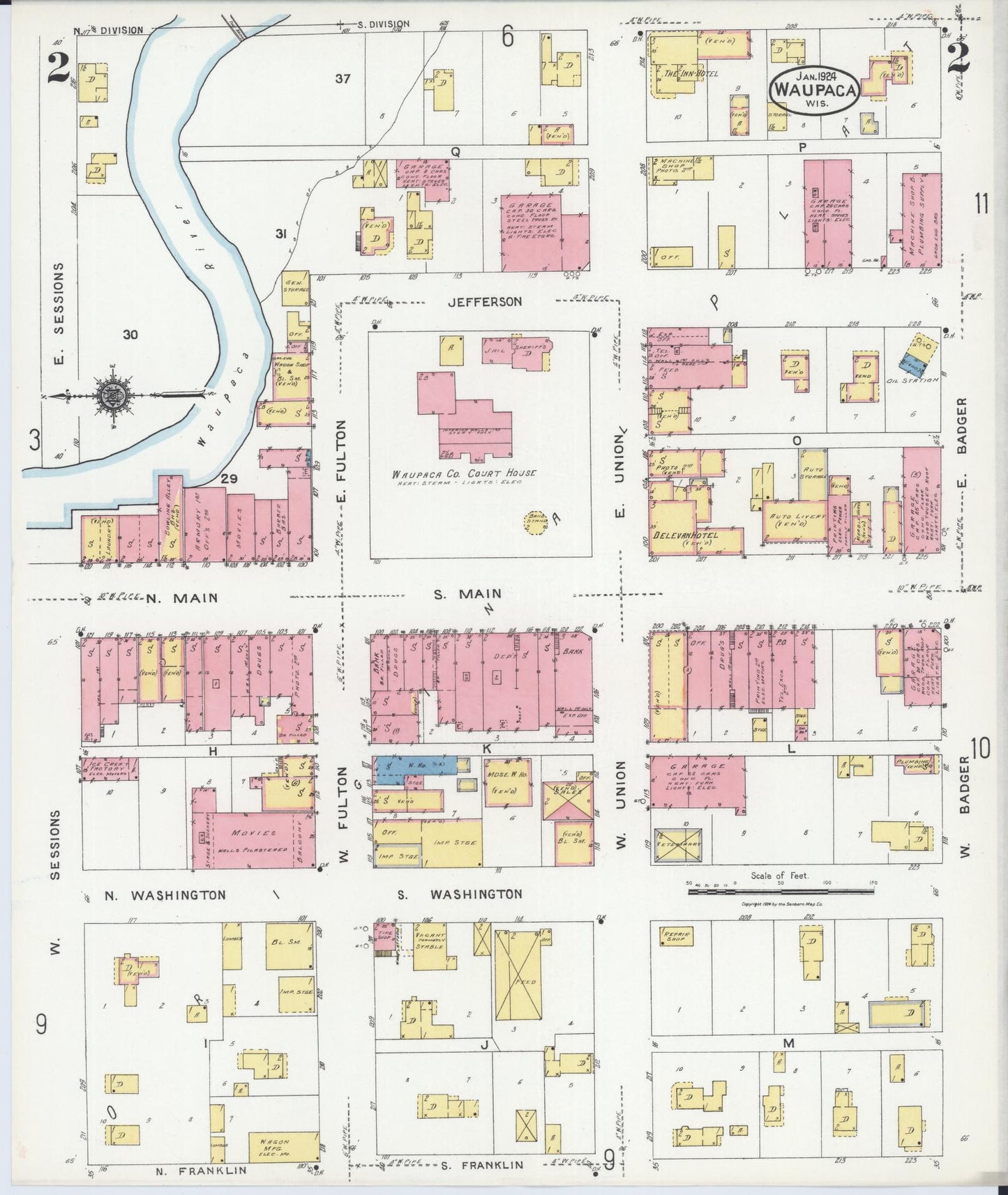 Sanborn Fire Insurance Map from Waupaca, Waupaca County, Wisconsin (1924), Sheet #0002 - Complete Map Set gallery image, historic Sanborn map, vintage wall art, Wisconsin Wisconsin