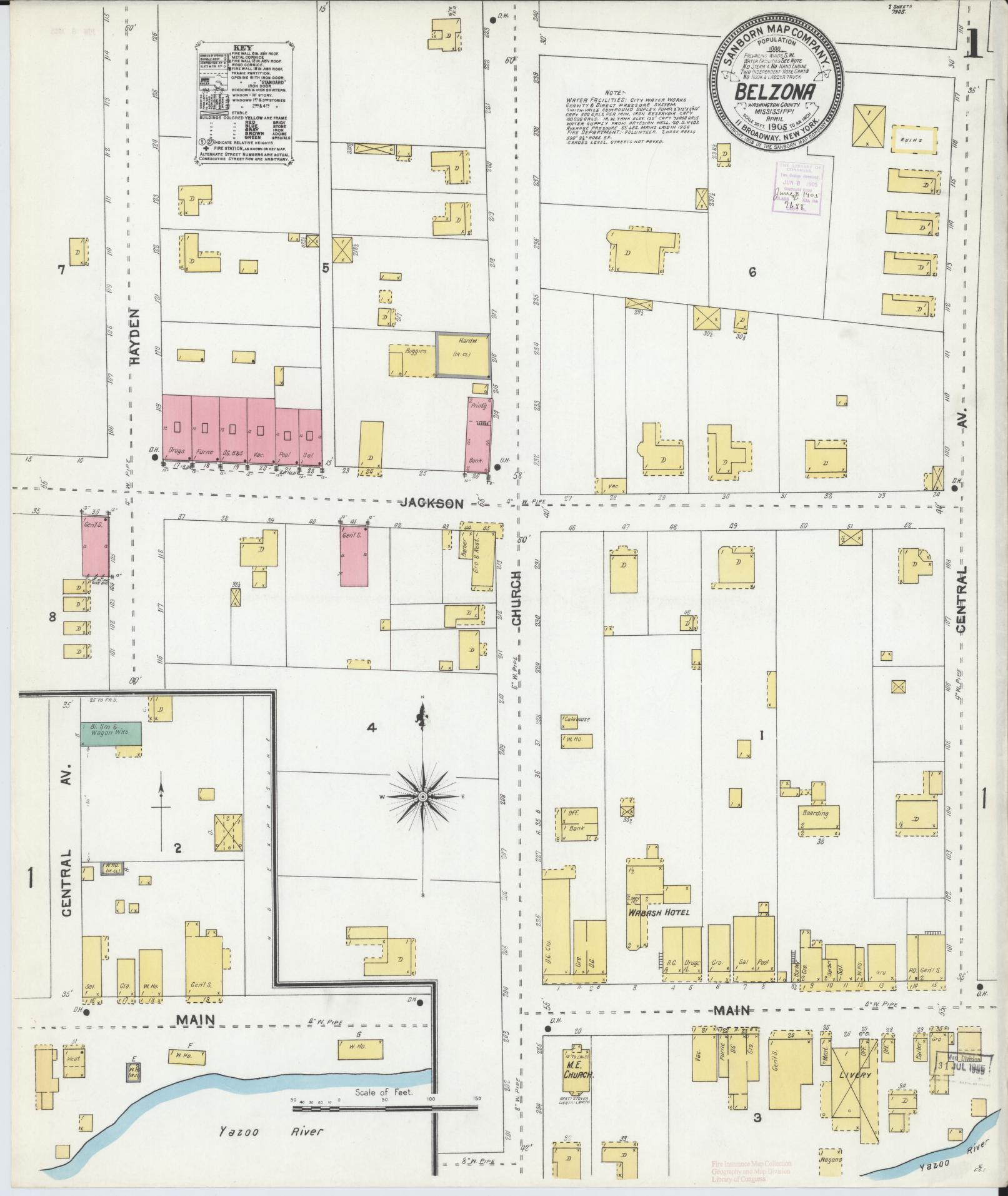 Sanborn Fire Insurance Map from Belzoni, Washington County, Mississippi (1905), Sheet #0001 - Historic Sanborn Fire Insurance Map Print, vintage old map wall art, antique decor, genealogy gift, Mississippi Mississippi map