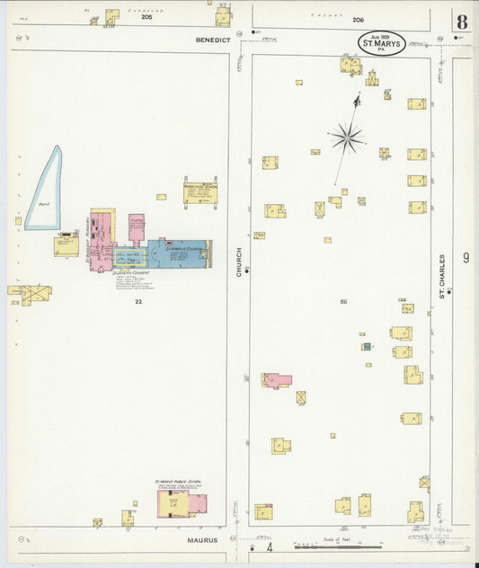 Sanborn Fire Insurance Map from Saint Marys, Elk County, Pennsylvania (1909), Sheet #0008 - Historic Sanborn Fire Insurance Map Print, vintage old map wall art, antique decor, genealogy gift, Pennsylvania Pennsylvania map