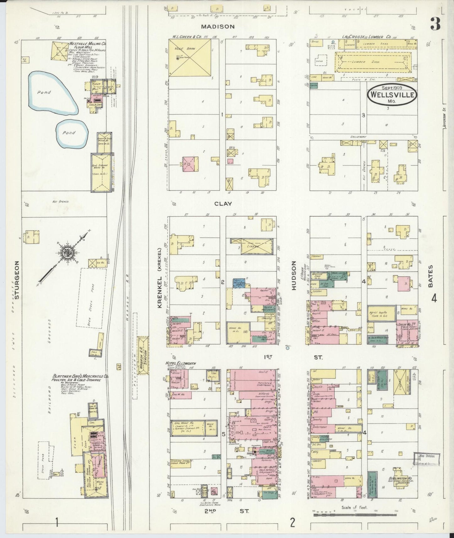 Sanborn Fire Insurance Map from Wellsville, Montgomery County, Missouri (1909), Sheet #0003 - Historic Sanborn Fire Insurance Map Print, vintage old map wall art, antique decor, genealogy gift, Missouri Missouri map