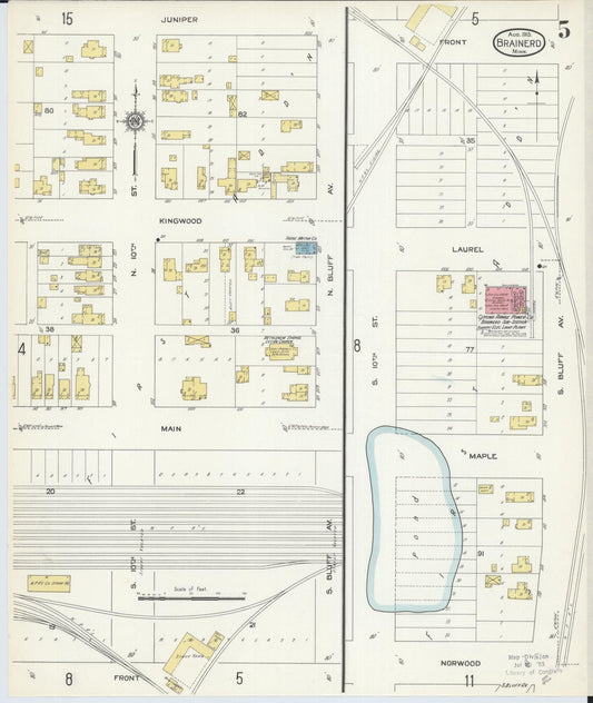 Sanborn Fire Insurance Map from Brainerd, Crow Wing County, Minnesota (1913), Sheet #0005 - Historic Sanborn Fire Insurance Map Print, vintage old map wall art, antique decor, genealogy gift, Minnesota Minnesota map