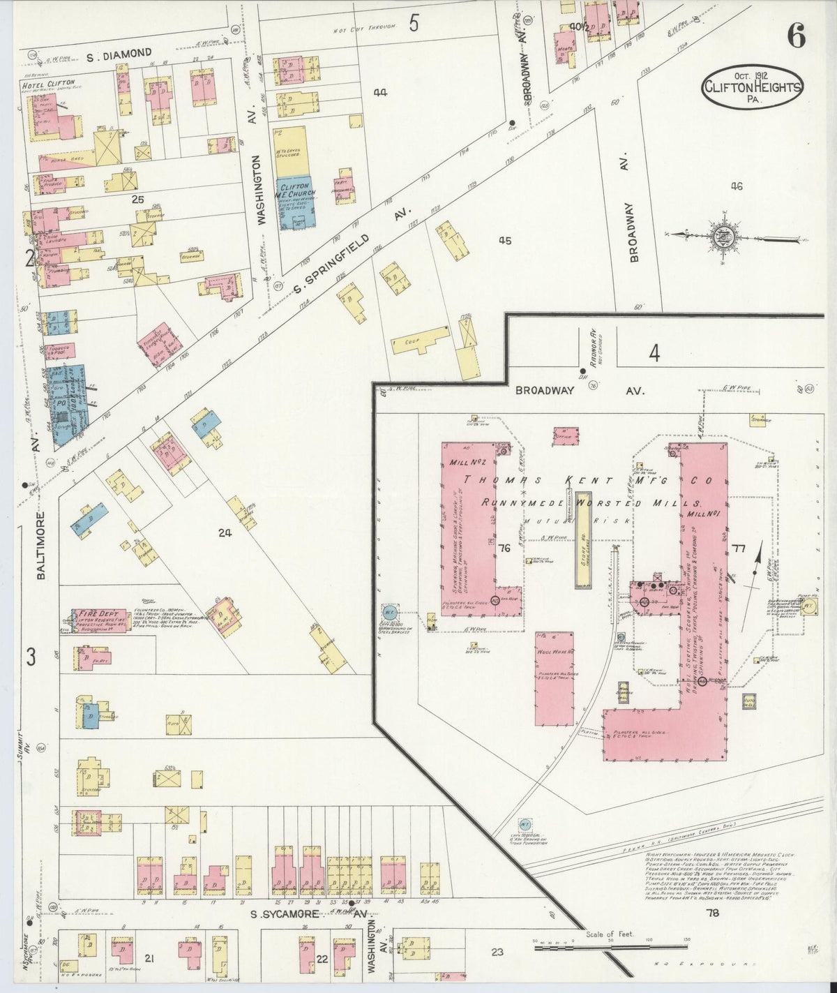 Sanborn Fire Insurance Map from Clifton Heights, Delaware County, Pennsylvania (1912), Sheet #0006 - Historic Sanborn Fire Insurance Map Print, vintage old map wall art, antique decor, genealogy gift, Clifton Heights Delaware map