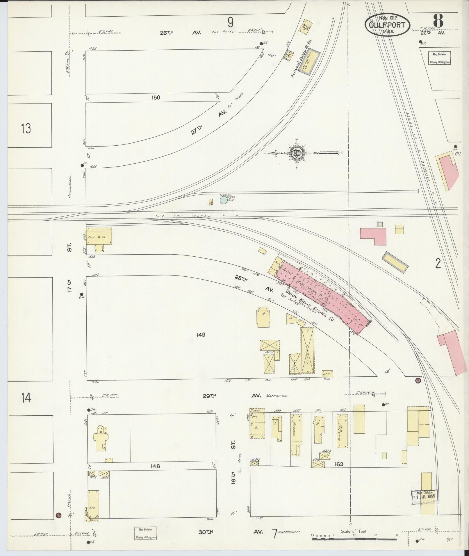 Sanborn Fire Insurance Map from Gulfport, Harrison County, Mississippi (1912), Sheet #0008 - Complete Map Set gallery image, historic Sanborn map, vintage wall art, Mississippi Mississippi