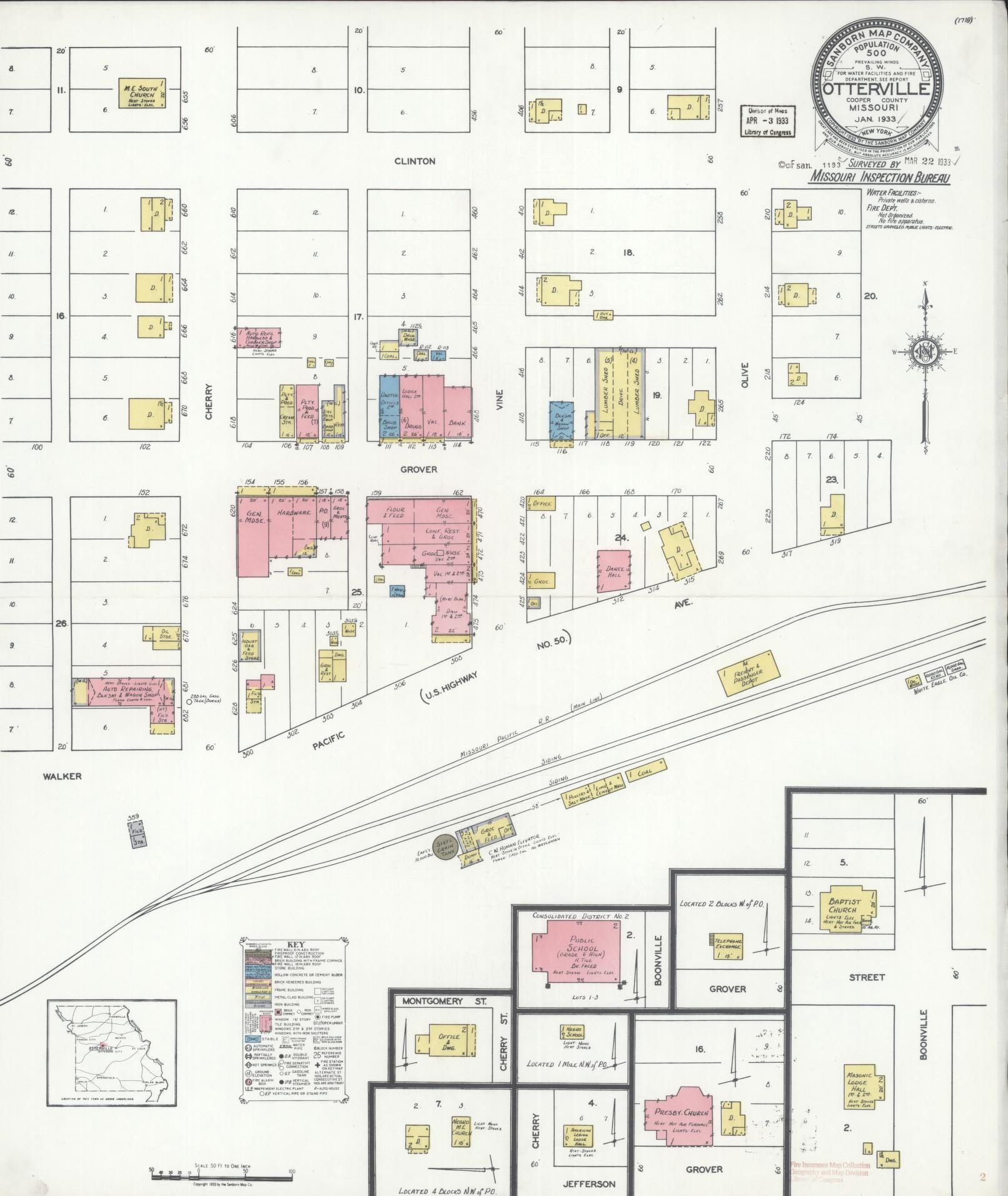 Sanborn Fire Insurance Map from Otterville, Cooper County, Missouri (1933), Sheet #0001 - Historic Sanborn Fire Insurance Map Print, vintage old map wall art, antique decor, genealogy gift, Missouri Missouri map