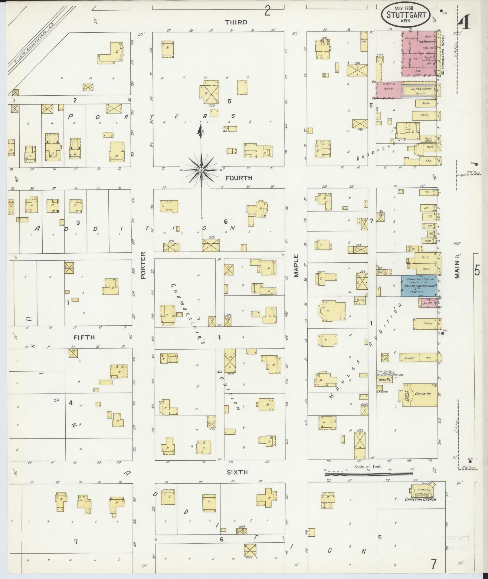Sanborn Fire Insurance Map from Stuttgart, Arkansas County, Arkansas (1908), Sheet #0004 - Historic Sanborn Fire Insurance Map Print, vintage old map wall art, antique decor, genealogy gift, Stuttgart Arkansas map