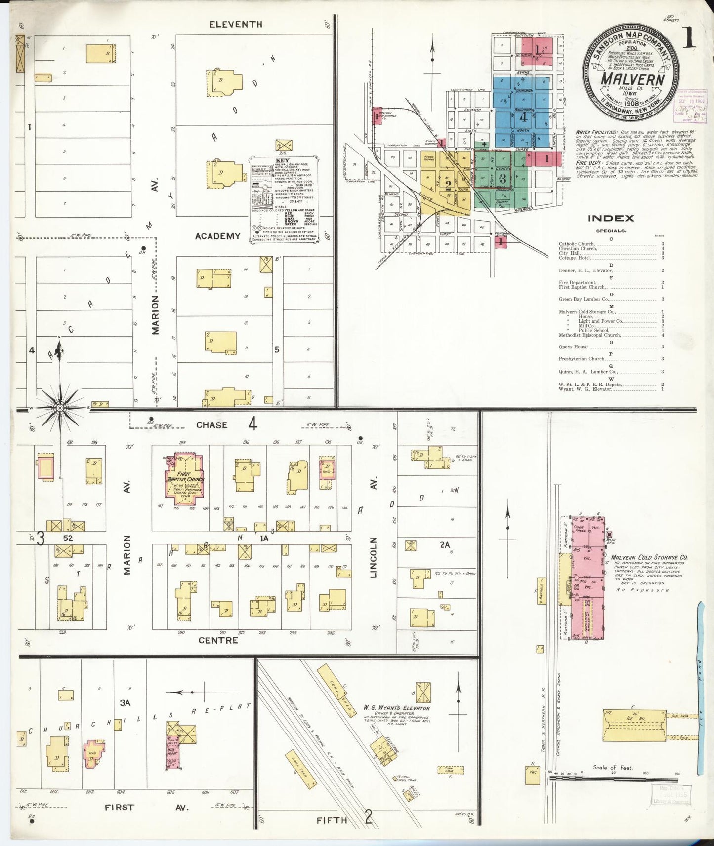 Sanborn Fire Insurance Map from Malvern, Mills County, Iowa (1908), Sheet #0001 - Historic Sanborn Fire Insurance Map Print, vintage old map wall art