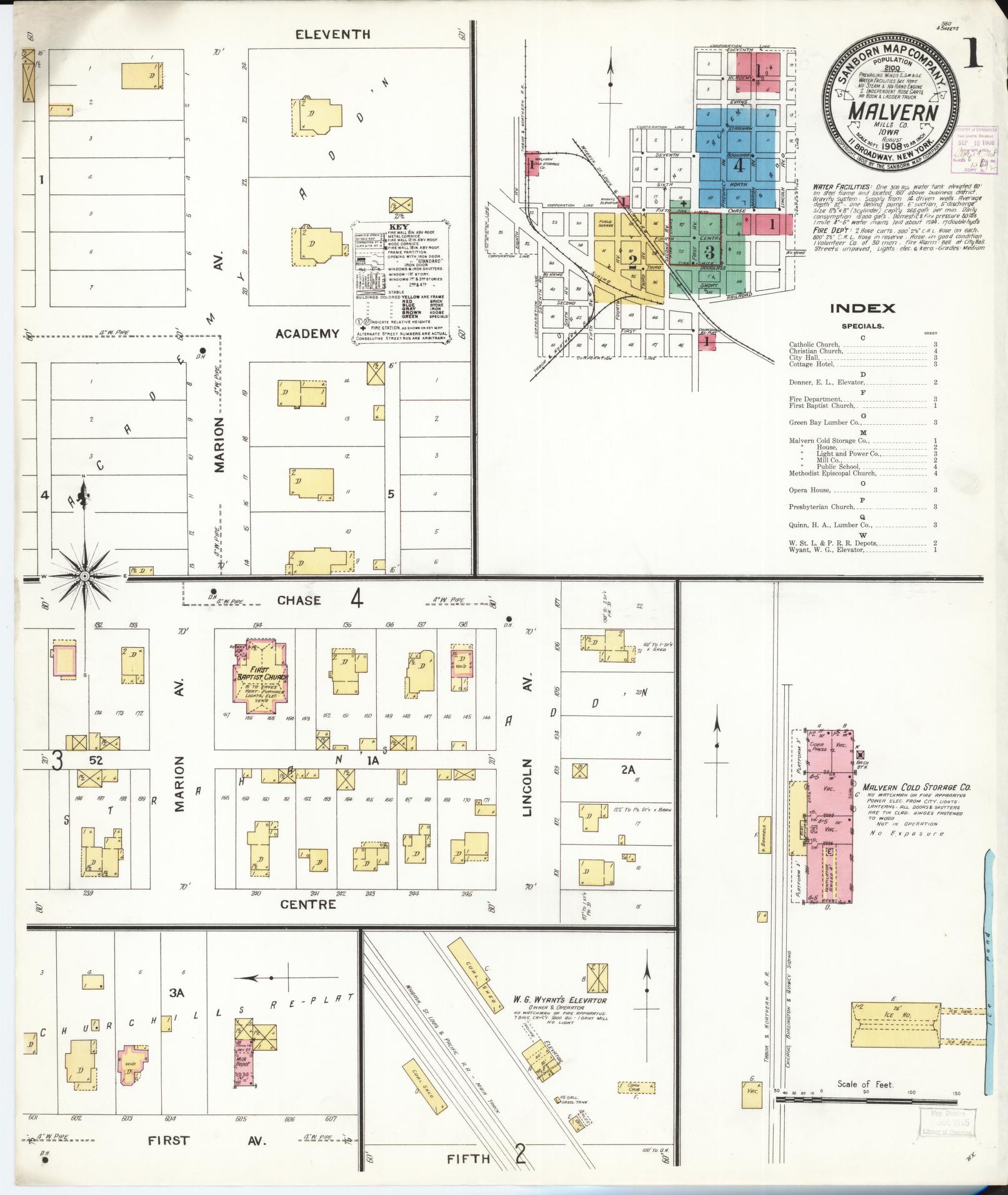 Sanborn Fire Insurance Map from Malvern, Mills County, Iowa (1908), Sheet #0001 - Historic Sanborn Fire Insurance Map Print, vintage old map wall art