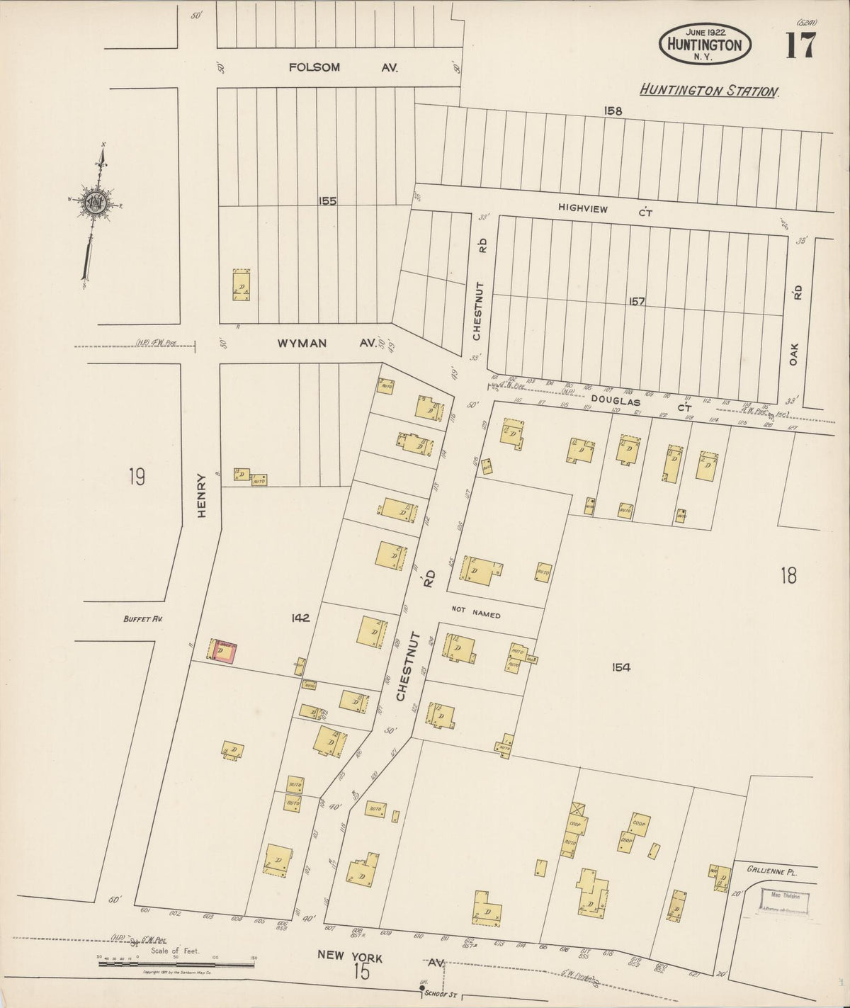 Sanborn Fire Insurance Map from Huntington, Suffolk County, New York (1922), Sheet #0017 - Historic Sanborn Fire Insurance Map Print, vintage old map wall art, antique decor, genealogy gift, New York New York map