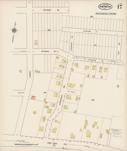 Sanborn Fire Insurance Map from Huntington, Suffolk County, New York (1922), Sheet #0017 - Historic Sanborn Fire Insurance Map Print, vintage old map wall art, antique decor, genealogy gift, New York New York map