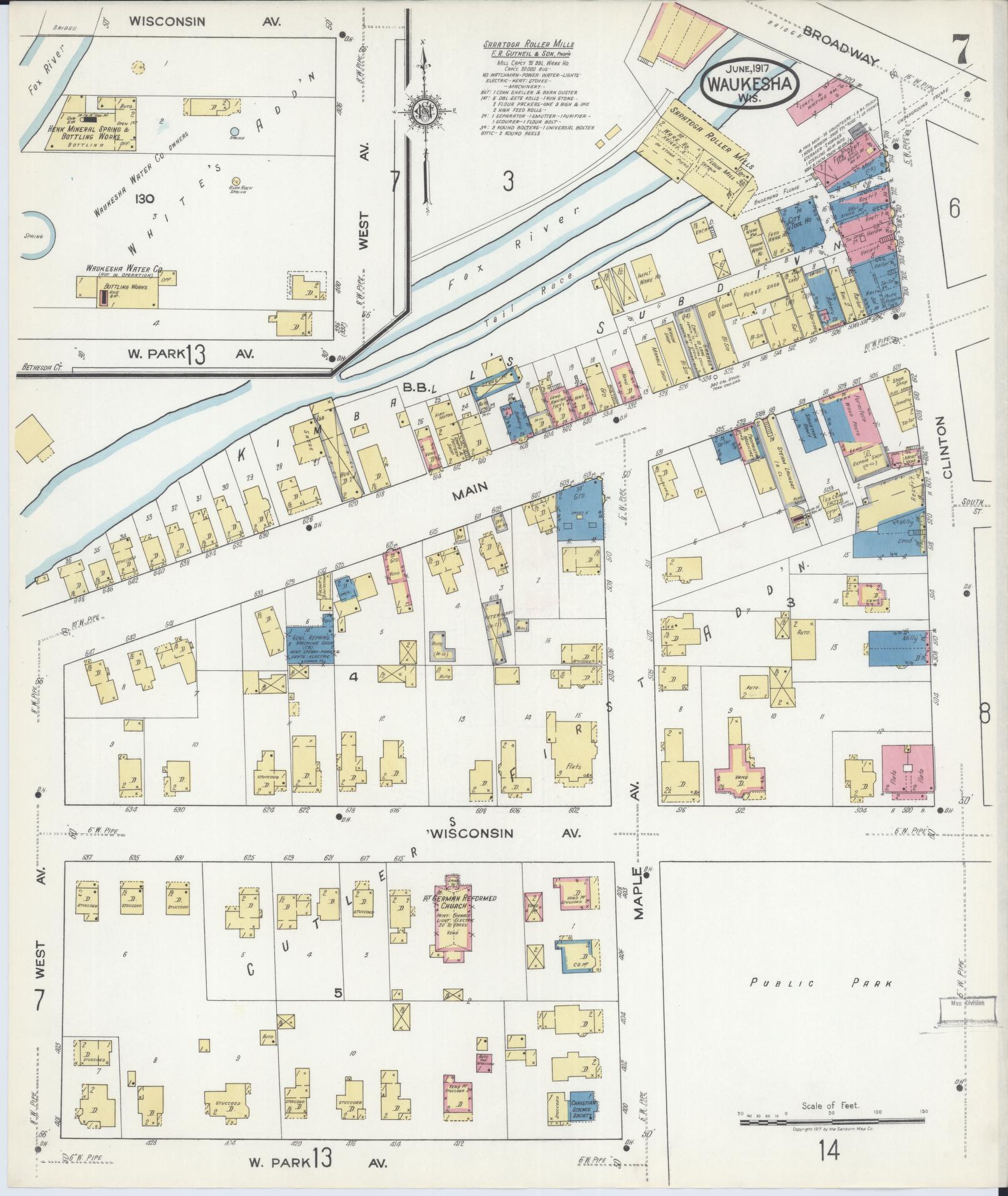 Sanborn Fire Insurance Map from Waukesha, Waukesha County, Wisconsin (1917), Sheet #0007 - Historic Sanborn Fire Insurance Map Print, vintage old map wall art, antique decor, genealogy gift, Wisconsin Wisconsin map