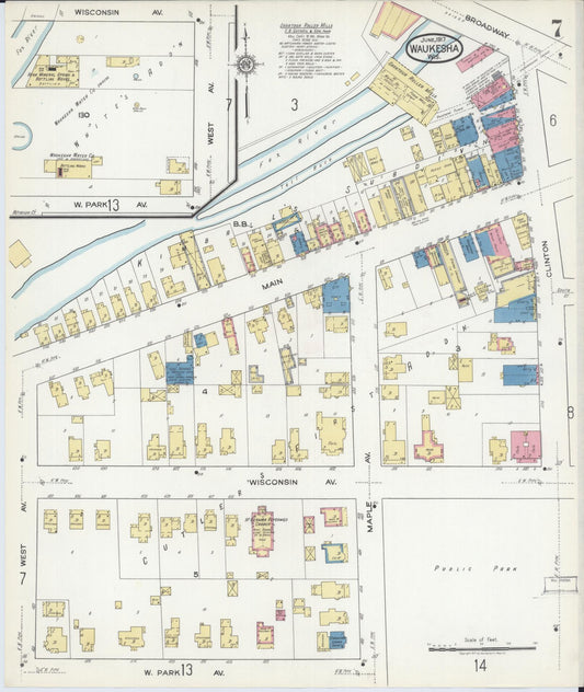 Sanborn Fire Insurance Map from Waukesha, Waukesha County, Wisconsin (1917), Sheet #0007 - Historic Sanborn Fire Insurance Map Print, vintage old map wall art, antique decor, genealogy gift, Wisconsin Wisconsin map
