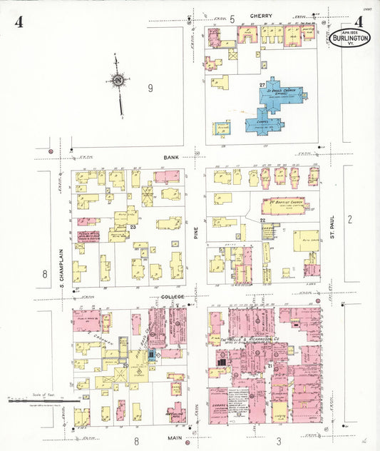Sanborn Fire Insurance Map from Burlington, Chittenden County, Vermont (1926), Sheet #0004 - Historic Sanborn Fire Insurance Map Print, vintage old map wall art, antique decor, genealogy gift, Vermont Vermont map