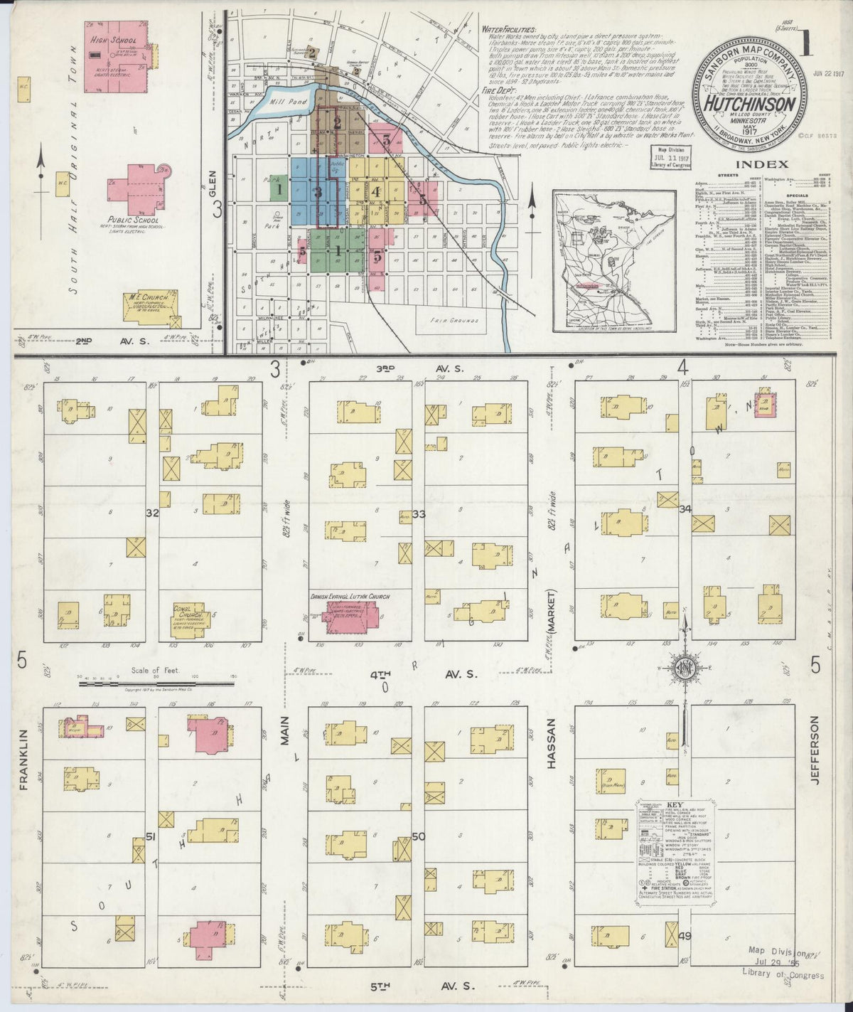 Sanborn Fire Insurance Map from Hutchinson, Mcleod County, Minnesota (1917), Sheet #0001 - Historic Sanborn Fire Insurance Map Print, vintage old map wall art, antique decor, genealogy gift, Minnesota Minnesota map