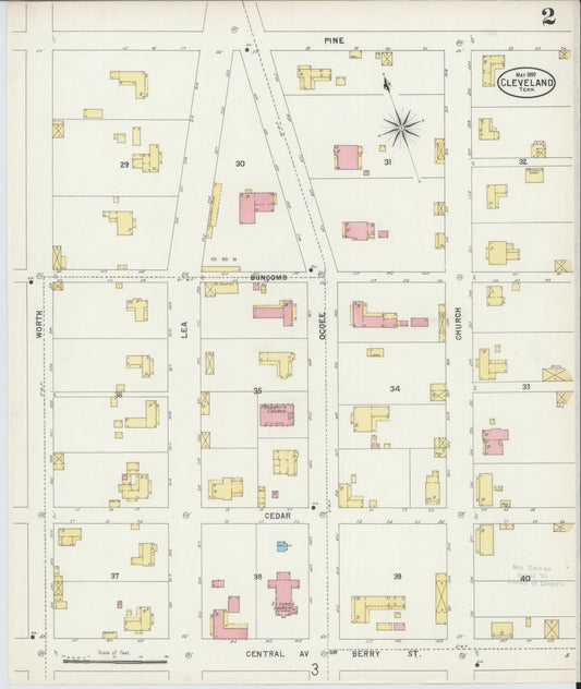 Sanborn Fire Insurance Map from Cleveland, Bradley County, Tennessee (1897), Sheet #0002 - Historic Sanborn Fire Insurance Map Print, vintage old map wall art, antique decor, genealogy gift, Tennessee Tennessee map