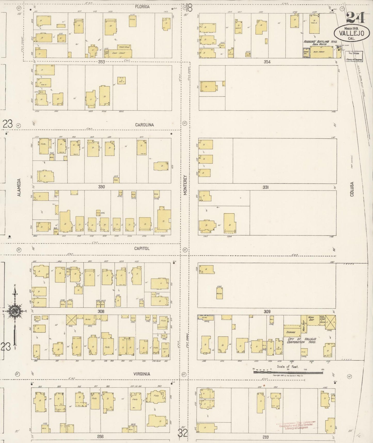 Sanborn Fire Insurance Map from Vallejo, Solano County, California (1919), Sheet #0024 - Complete Map Set gallery image, historic Sanborn map, vintage wall art, California California