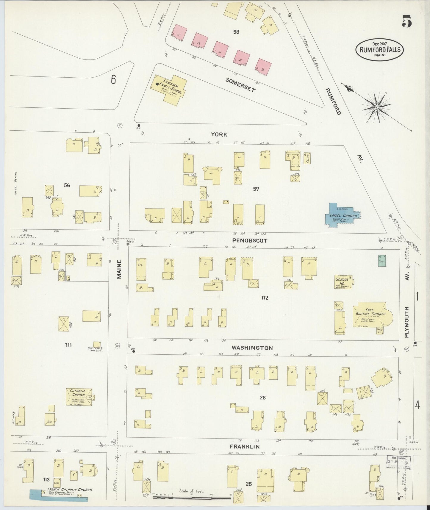 Sanborn Fire Insurance Map from Rumford Falls, Oxford County, Maine (1907), Sheet #0005 - Historic Sanborn Fire Insurance Map Print, vintage old map wall art, antique decor, genealogy gift, Maine Maine map