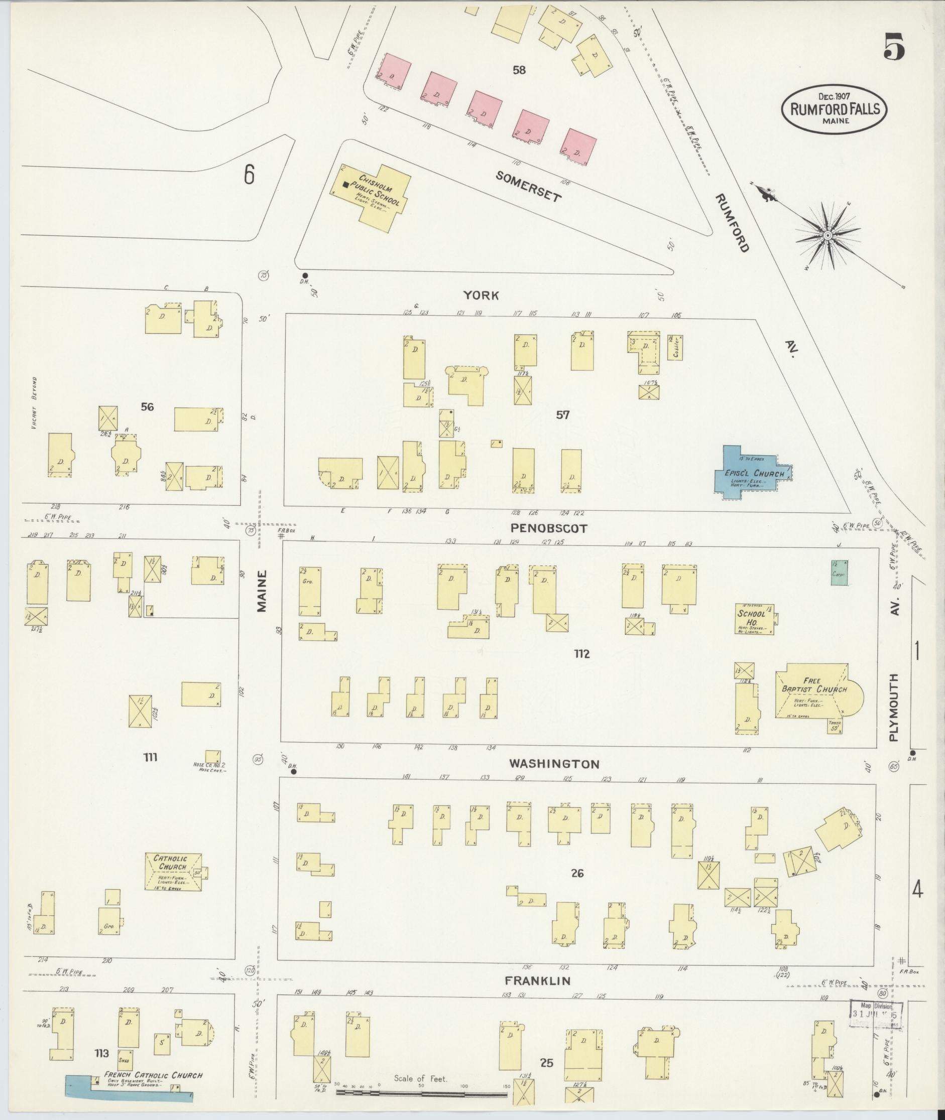 Sanborn Fire Insurance Map from Rumford Falls, Oxford County, Maine (1907), Sheet #0005 - Historic Sanborn Fire Insurance Map Print, vintage old map wall art, antique decor, genealogy gift, Maine Maine map