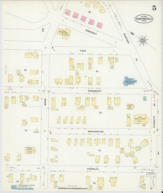 Sanborn Fire Insurance Map from Rumford Falls, Oxford County, Maine (1907), Sheet #0005 - Historic Sanborn Fire Insurance Map Print, vintage old map wall art, antique decor, genealogy gift, Maine Maine map